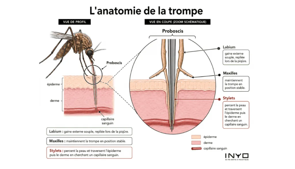 Schéma de la trompe du moustique montrant le labium, les maxilles et les stylets qui traversent la peau jusqu’à un capillaire sanguin