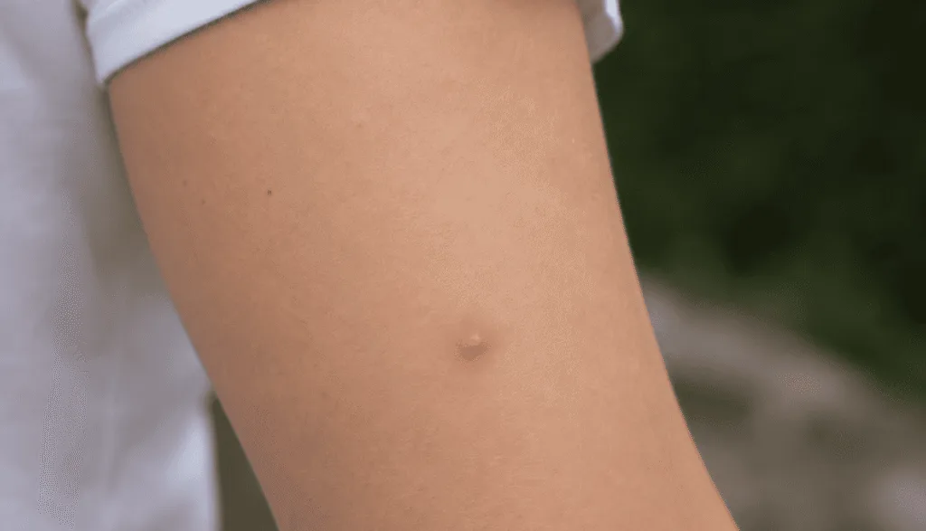 Bouton de moustique rouge et gonflé sur un bras