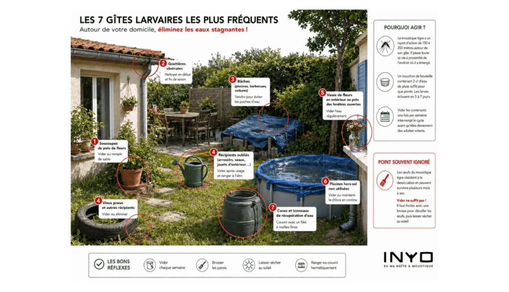 gîtes larvaires les plus fréquents autour du domicile : soucoupes de pots, gouttières obstruées, bâches, récipients oubliés, vases, piscine hors-sol et cuve d’eau