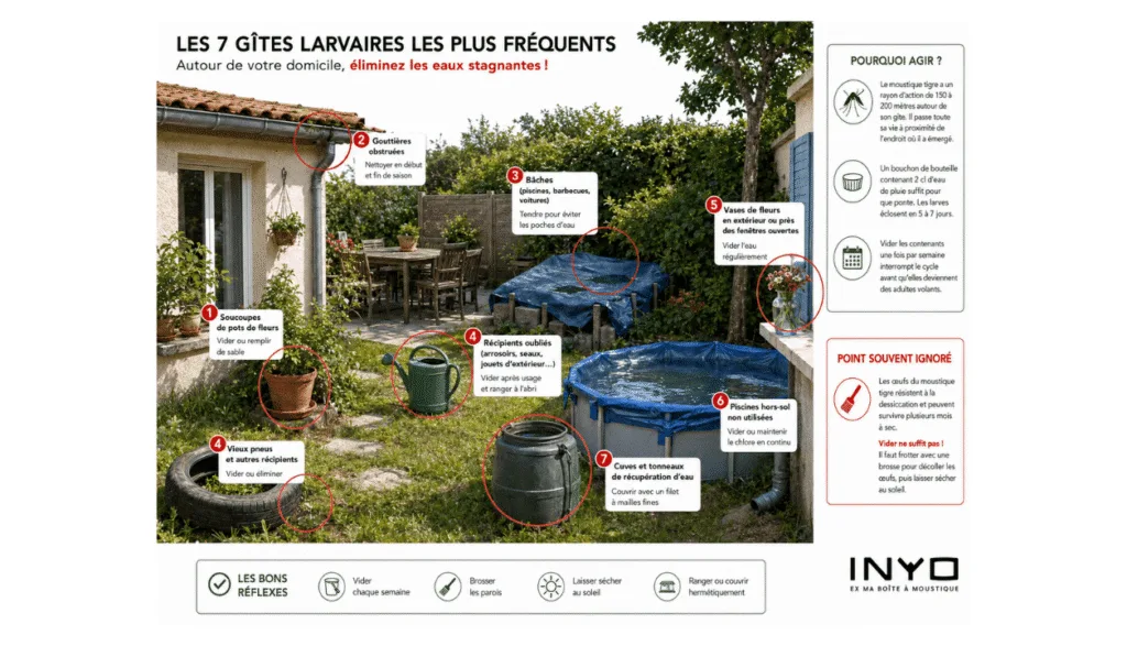 gîtes larvaires les plus fréquents autour du domicile : soucoupes de pots, gouttières obstruées, bâches, récipients oubliés, vases, piscine hors-sol et cuve d’eau